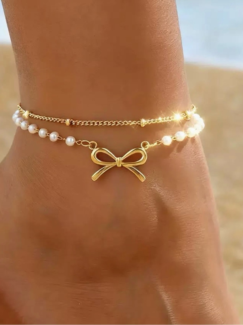 18K stainless steel Gold Bow & Pearl Anklet Set - Elegant Women Jewelry